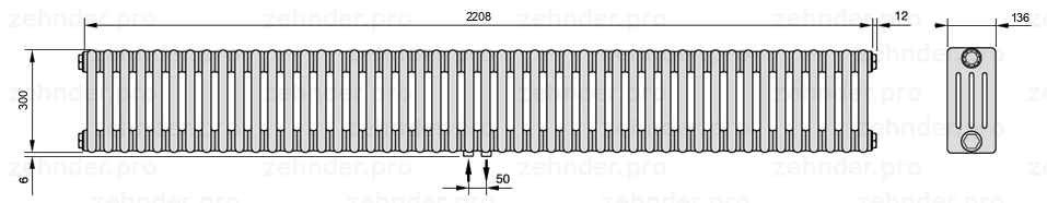 Схема (чертеж) Радиатор Zehnder Charleston 4030/48 №3470 Белый глянцевый RAL 9016